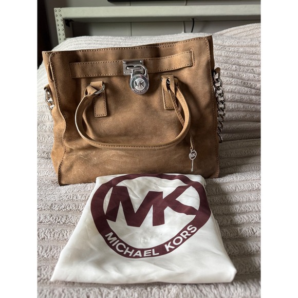 Michael Kors Handbags - Michael Kors Hamilton Tan Suede Satchel Bag Silver Hardware Lock & Key Large